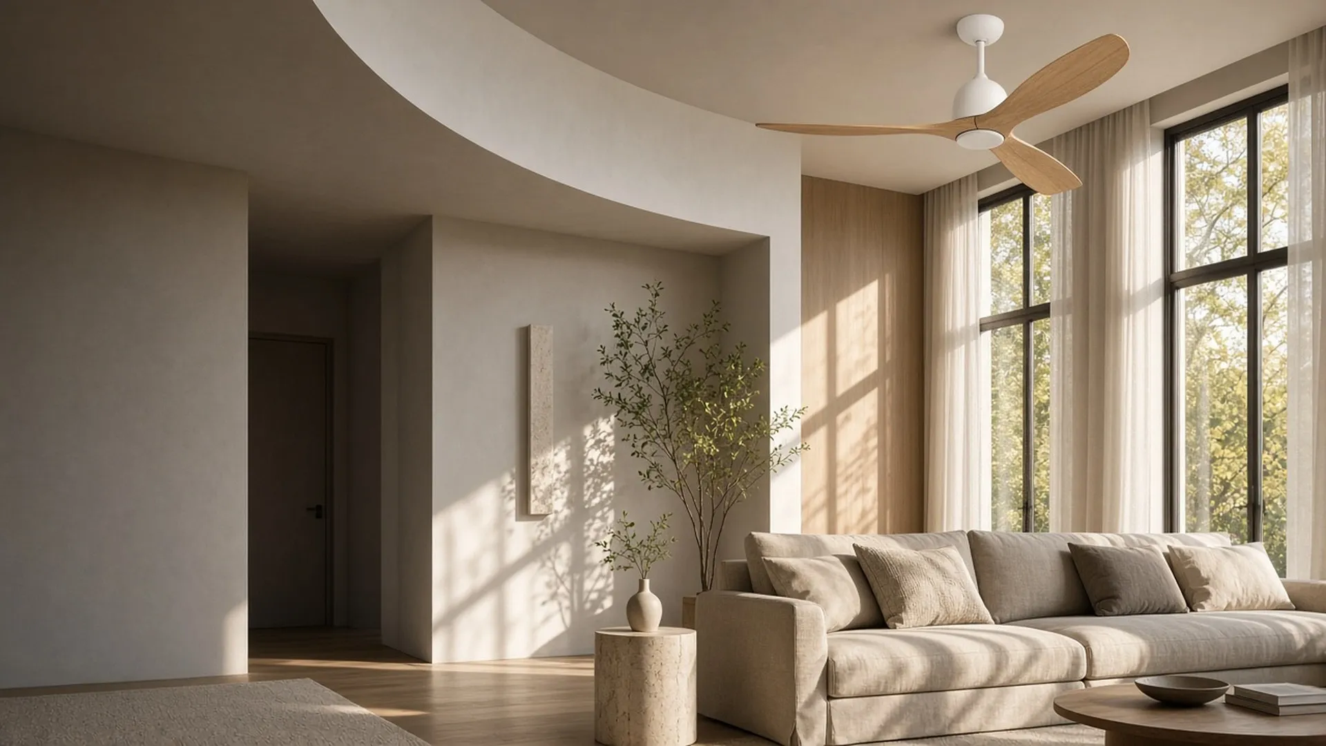A sculptural matte-white ceiling fan with pale oak blades in a tall-ceilinged living room