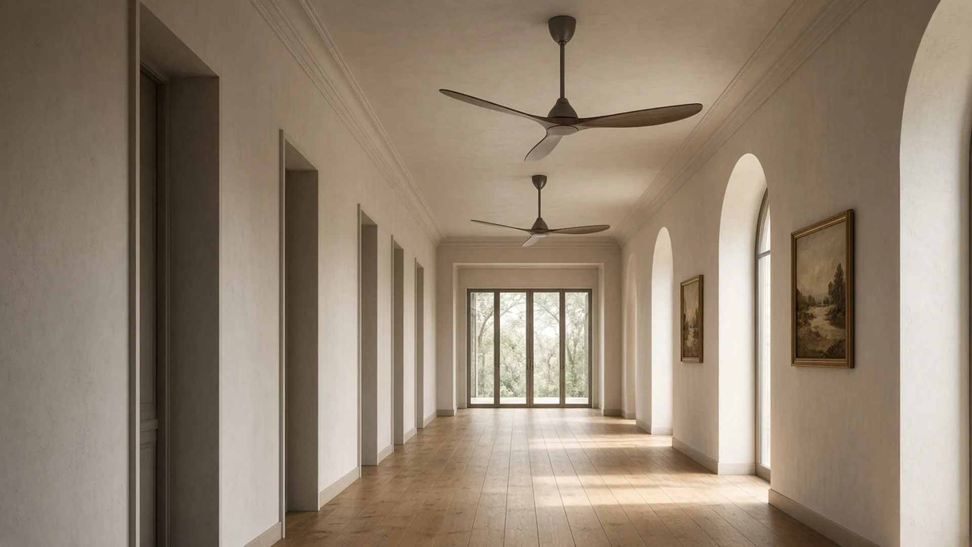 A long gallery-like hallway with two identical ceiling fans in sequence