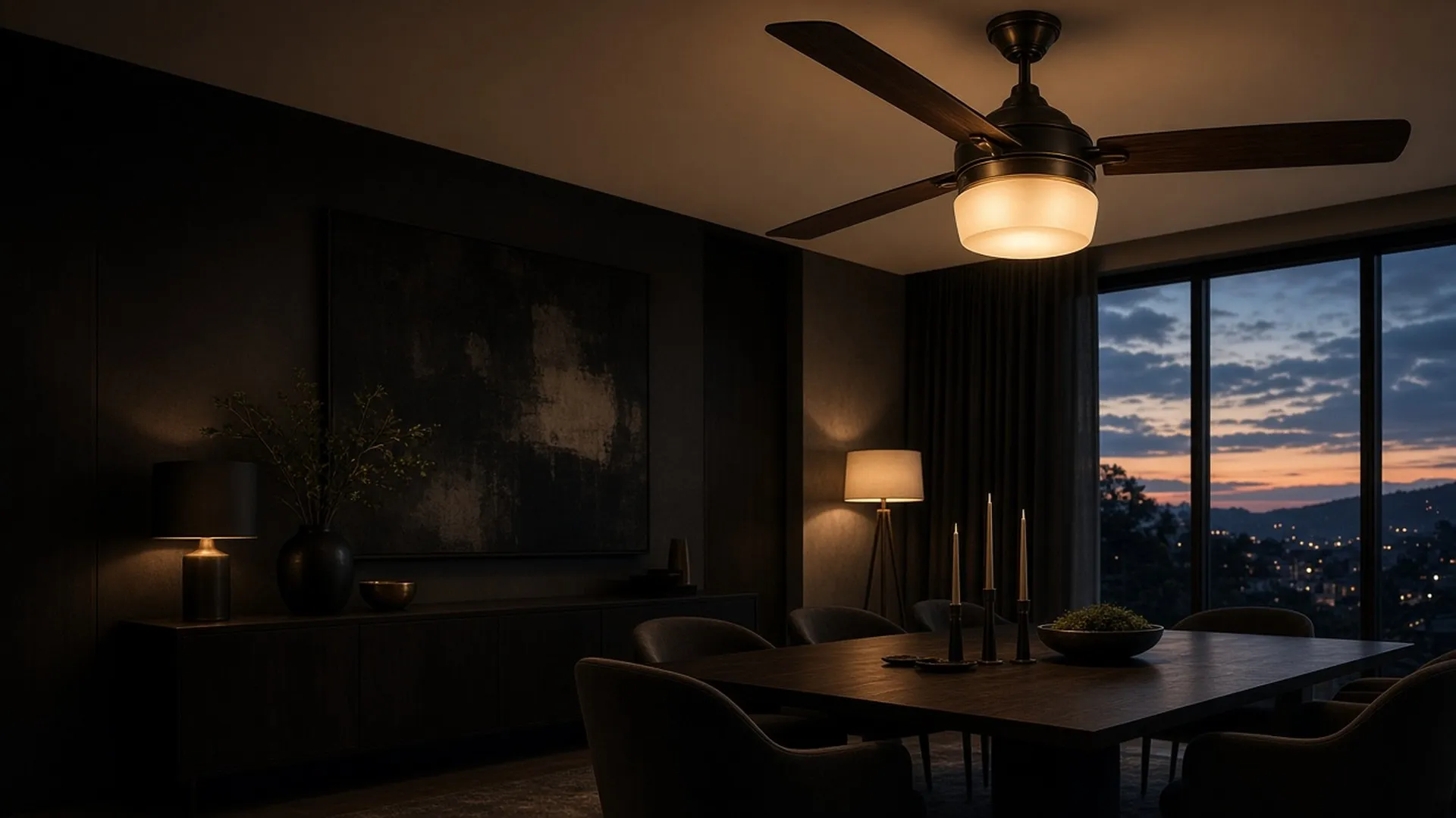 A ceiling fan with a warm glowing opal glass light kit in a dusk-lit dining room