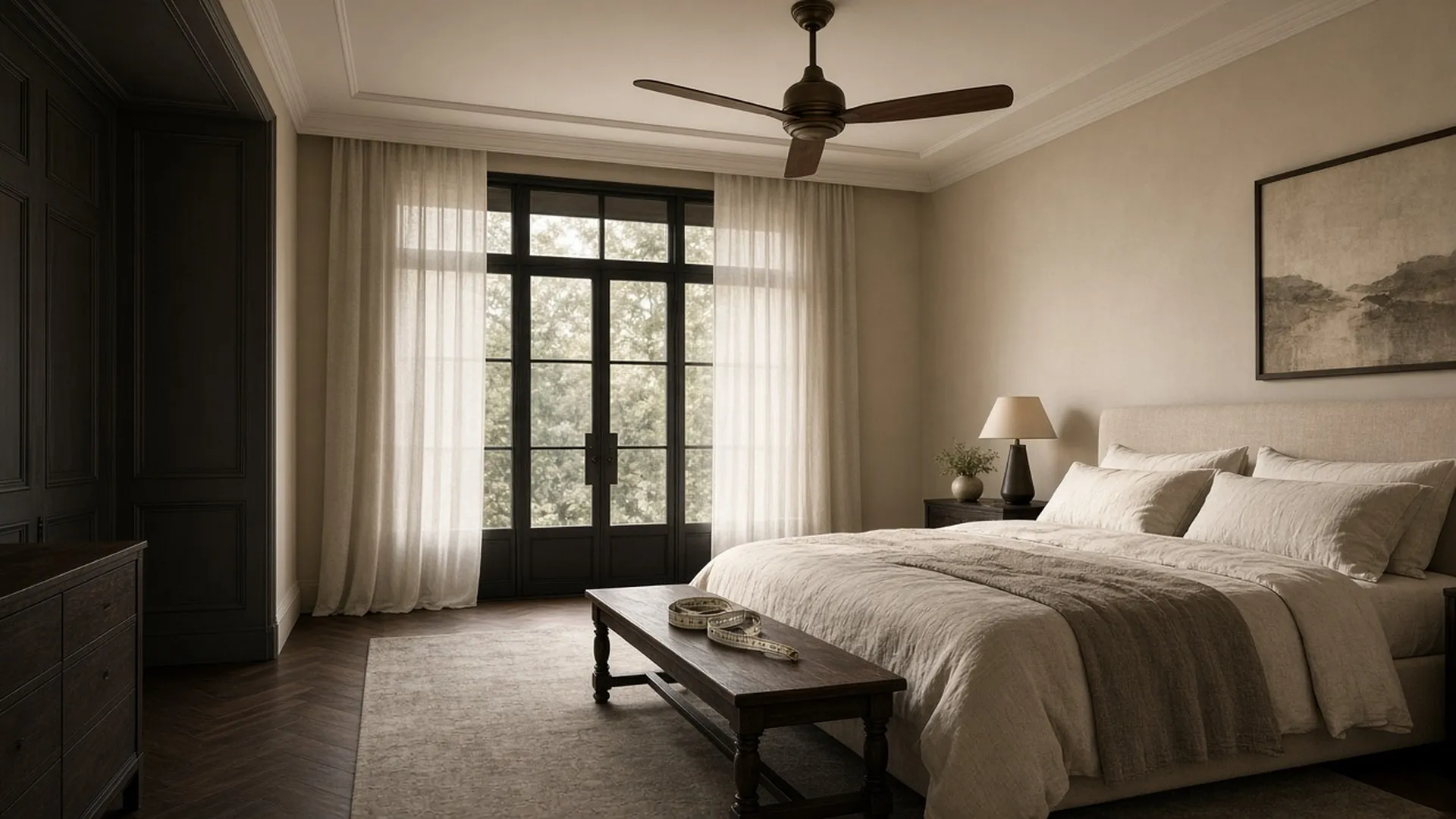 A medium bedroom with a well-proportioned ceiling fan centered above a linen-dressed bed