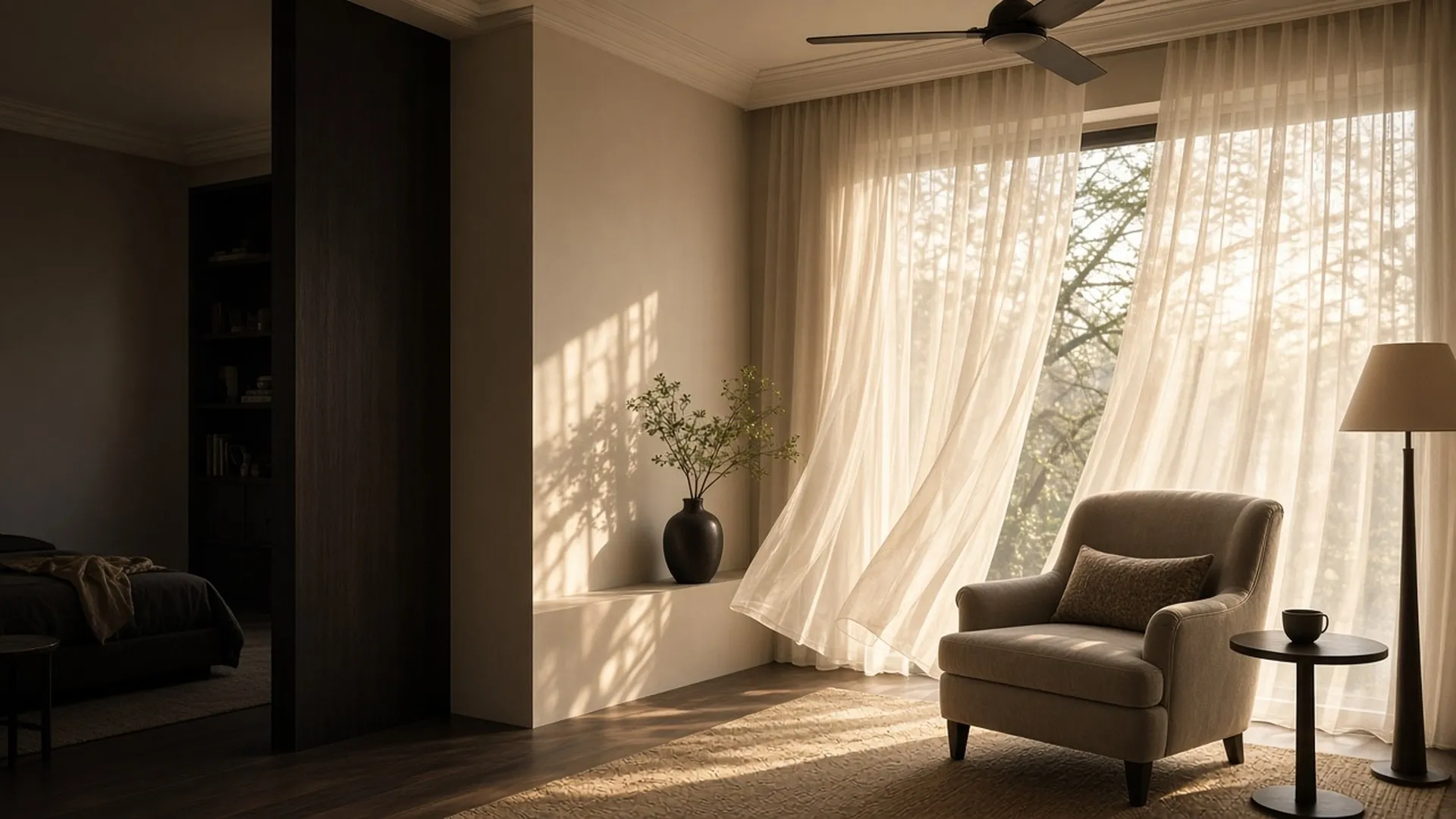 A sunlit reading nook with a ceiling fan above