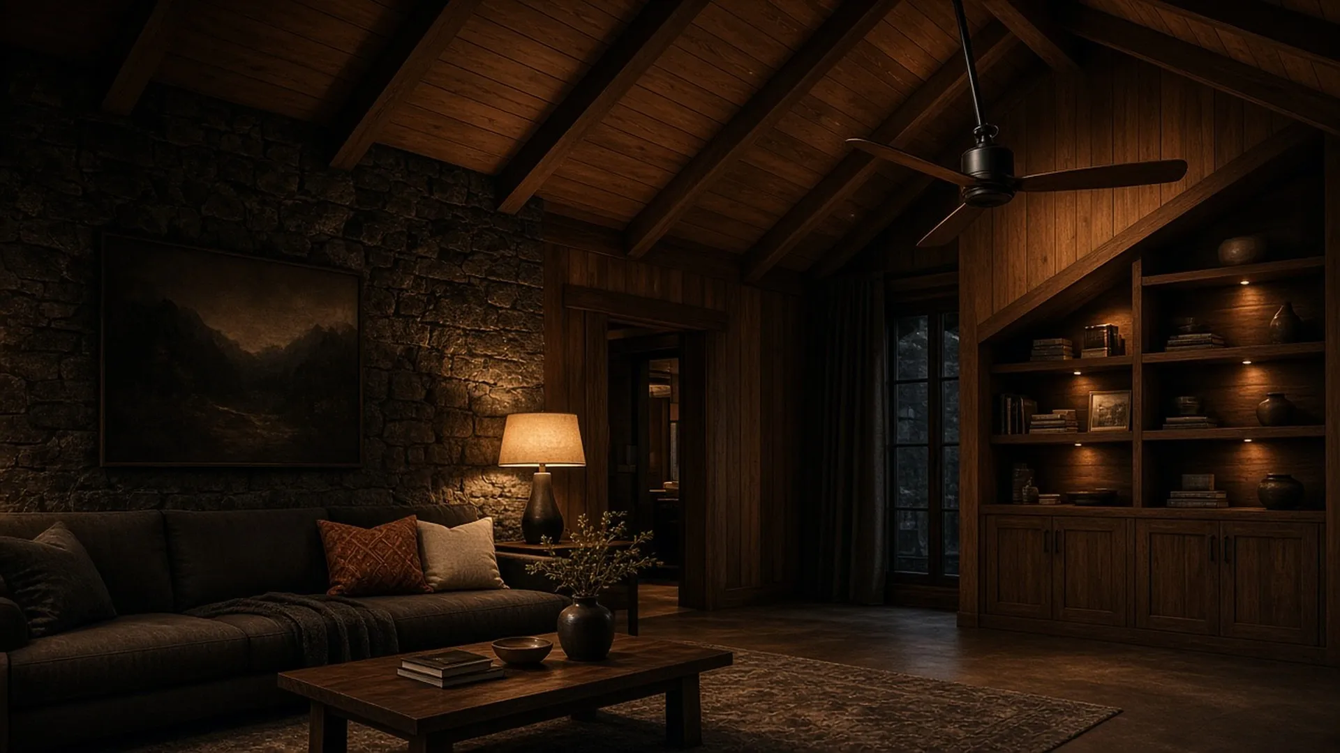 Split interest: a slim flush hugger fan in a low-ceilinged cozy den and an angled-mount fan under a vaulted timber ceiling