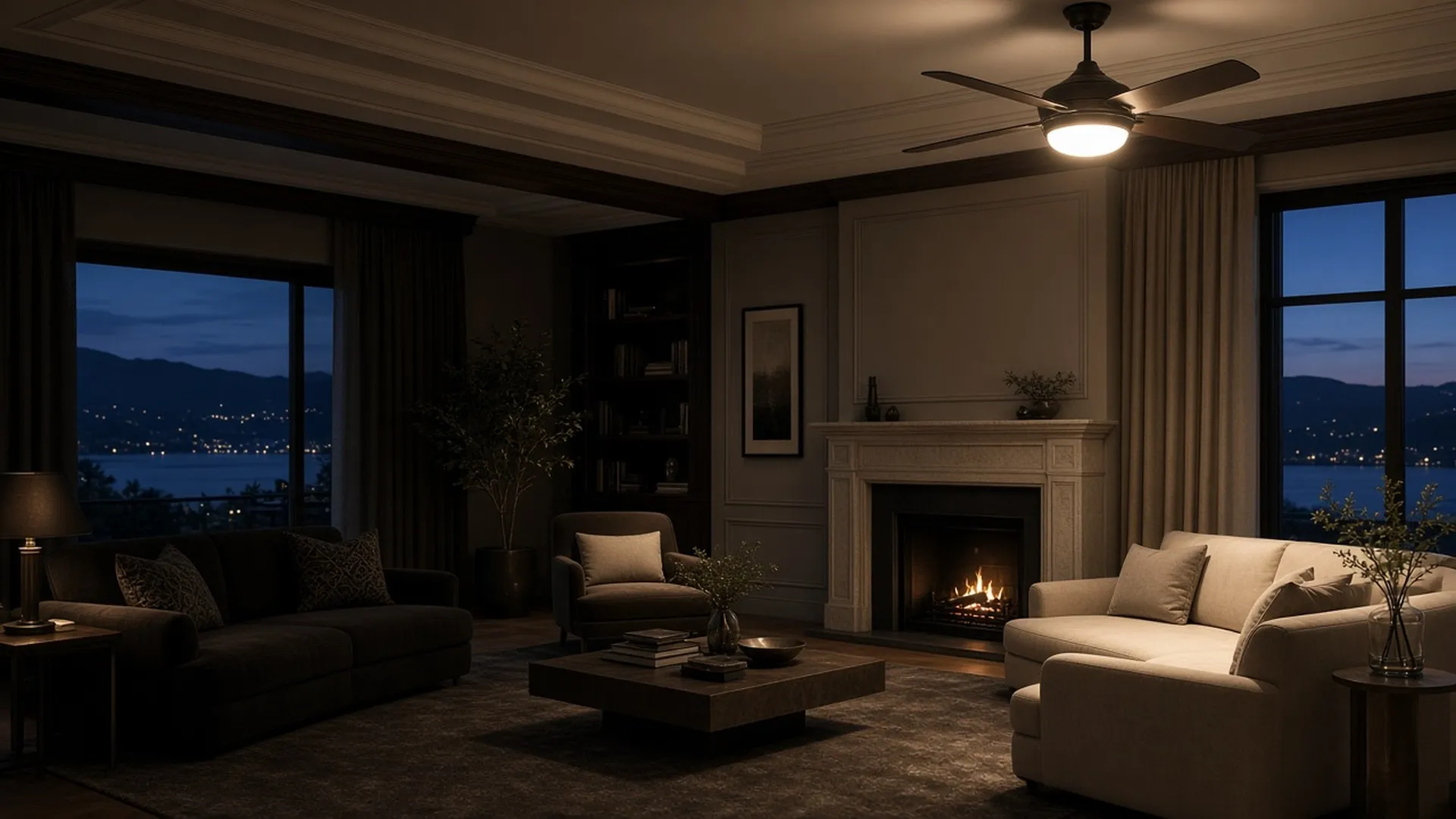 A dim room on the left half and the same room brightly lit on the right
