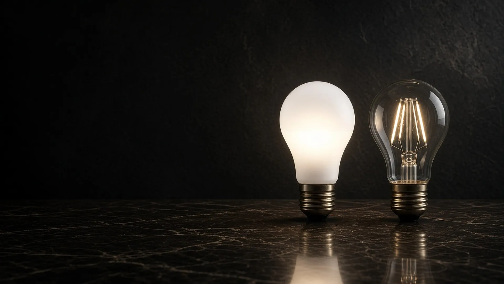 An unbranded LED bulb and an unbranded incandescent bulb side by side on a polished stone surface