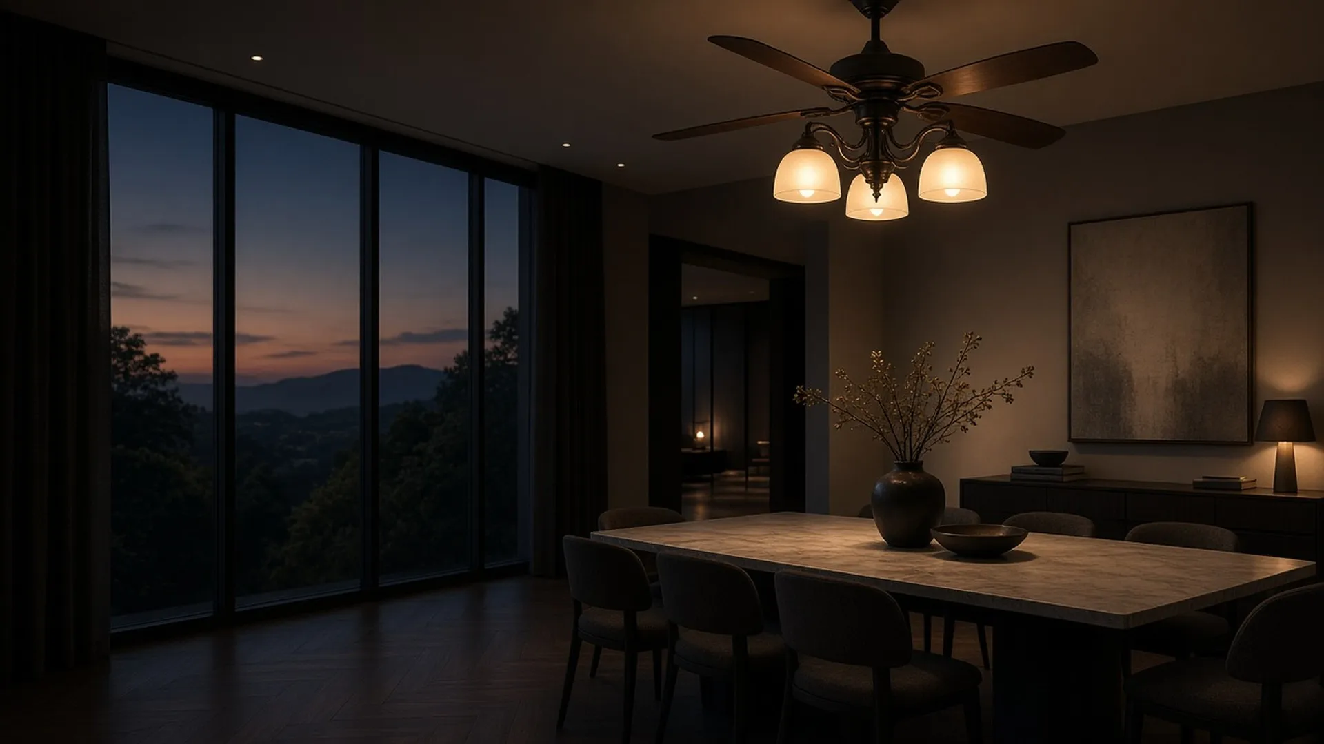 A ceiling fan with a branched three-arm light kit with frosted shades glowing warmly above a dining table