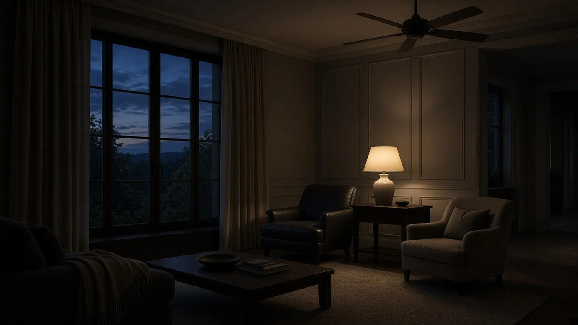 A ceiling fan light kit switched off in a quiet room at dusk