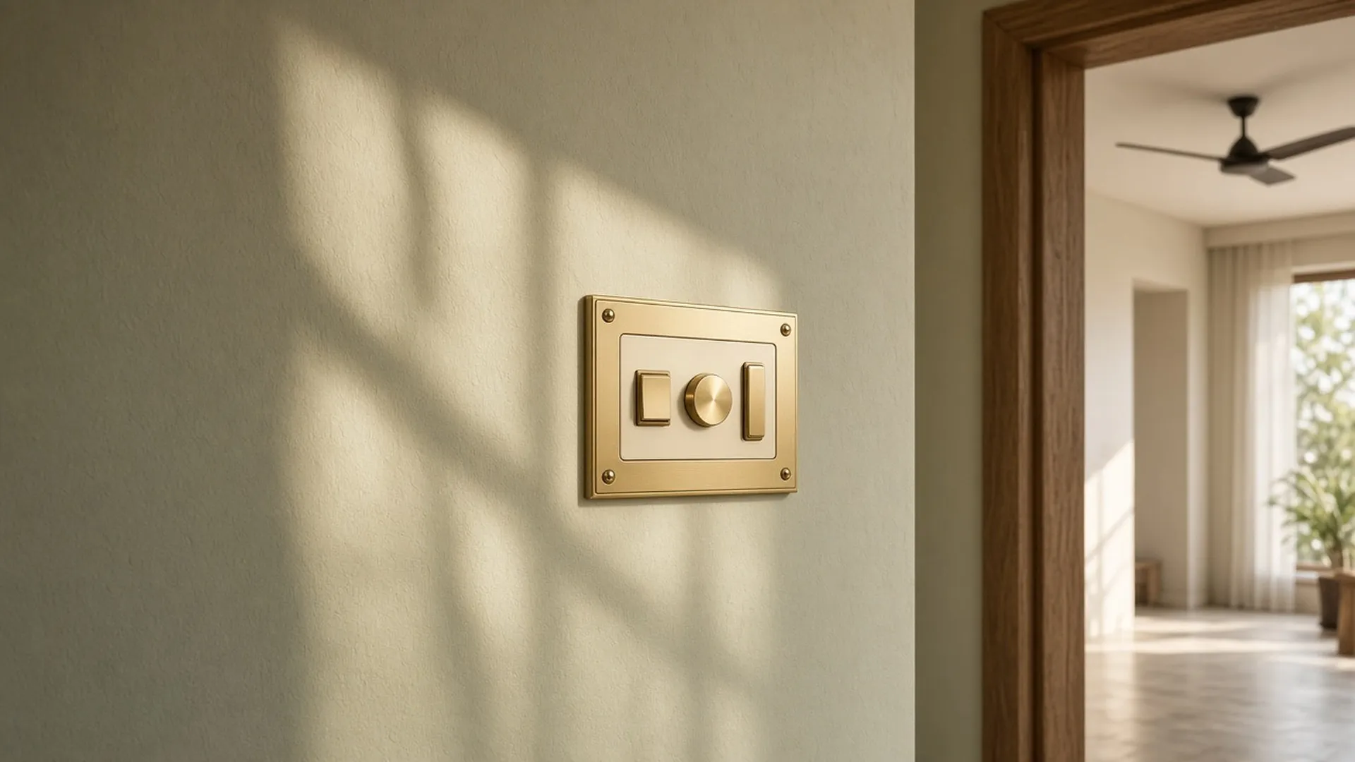 A brass-and-ivory wall control plate on a limewashed wall beside a doorway