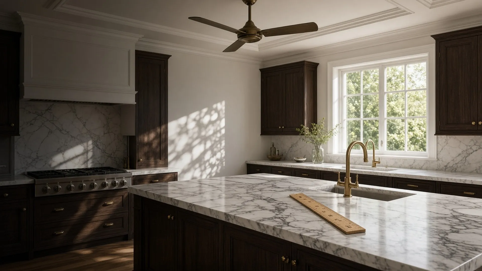 A ceiling fan at rest above a sunlit kitchen island