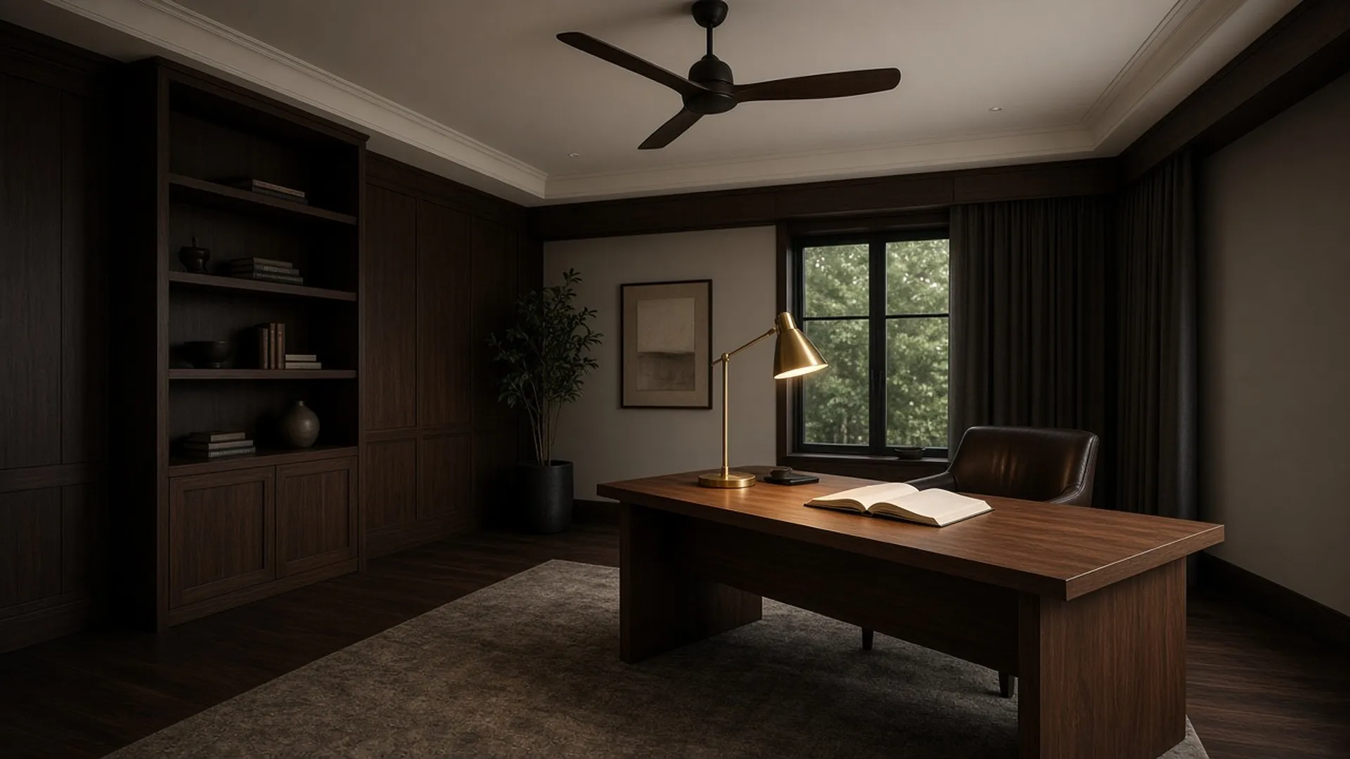 A ceiling fan at rest in a quiet study