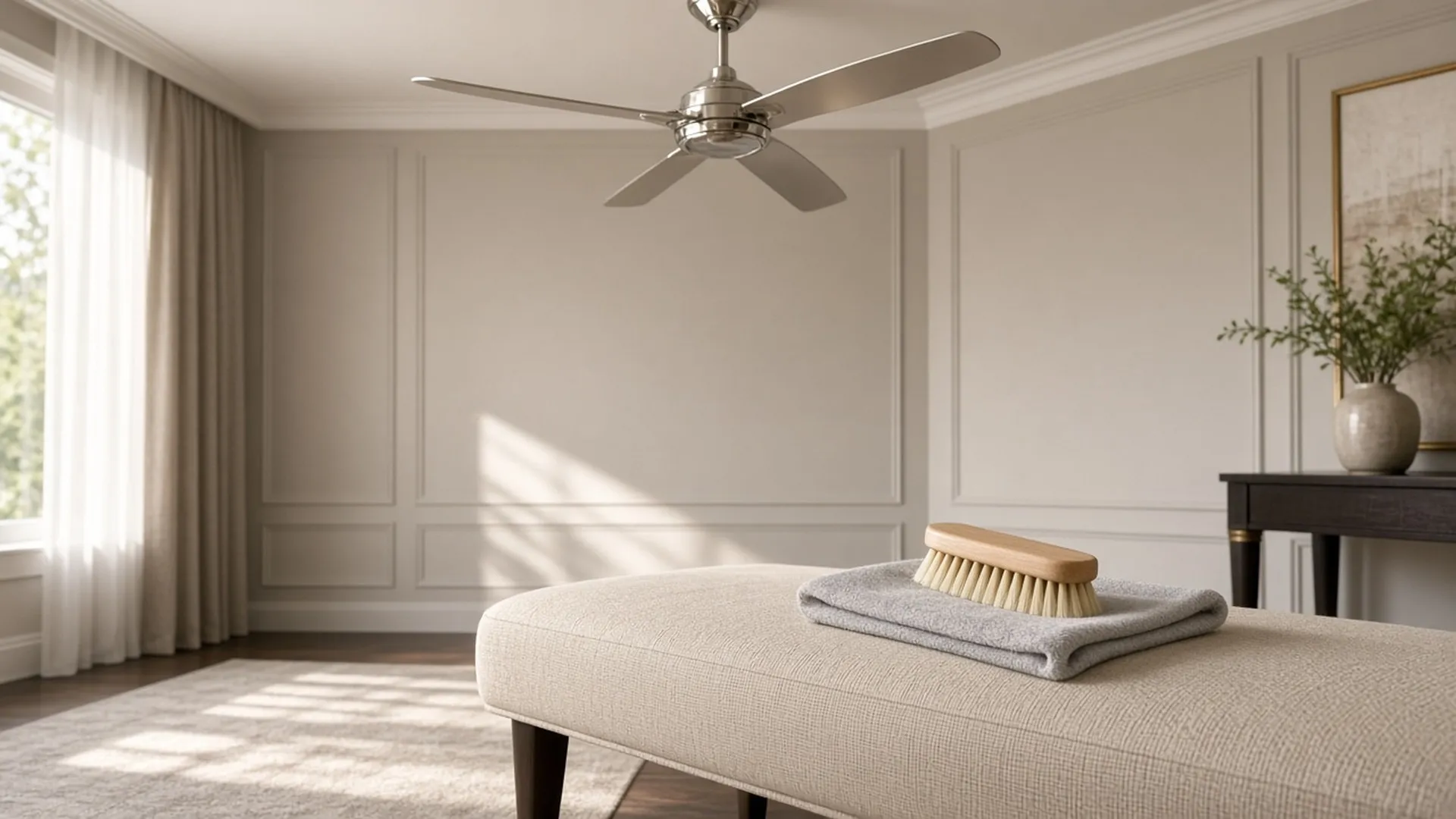 A folded soft microfiber cloth and a soft brush on a linen bench under a gleaming clean ceiling fan