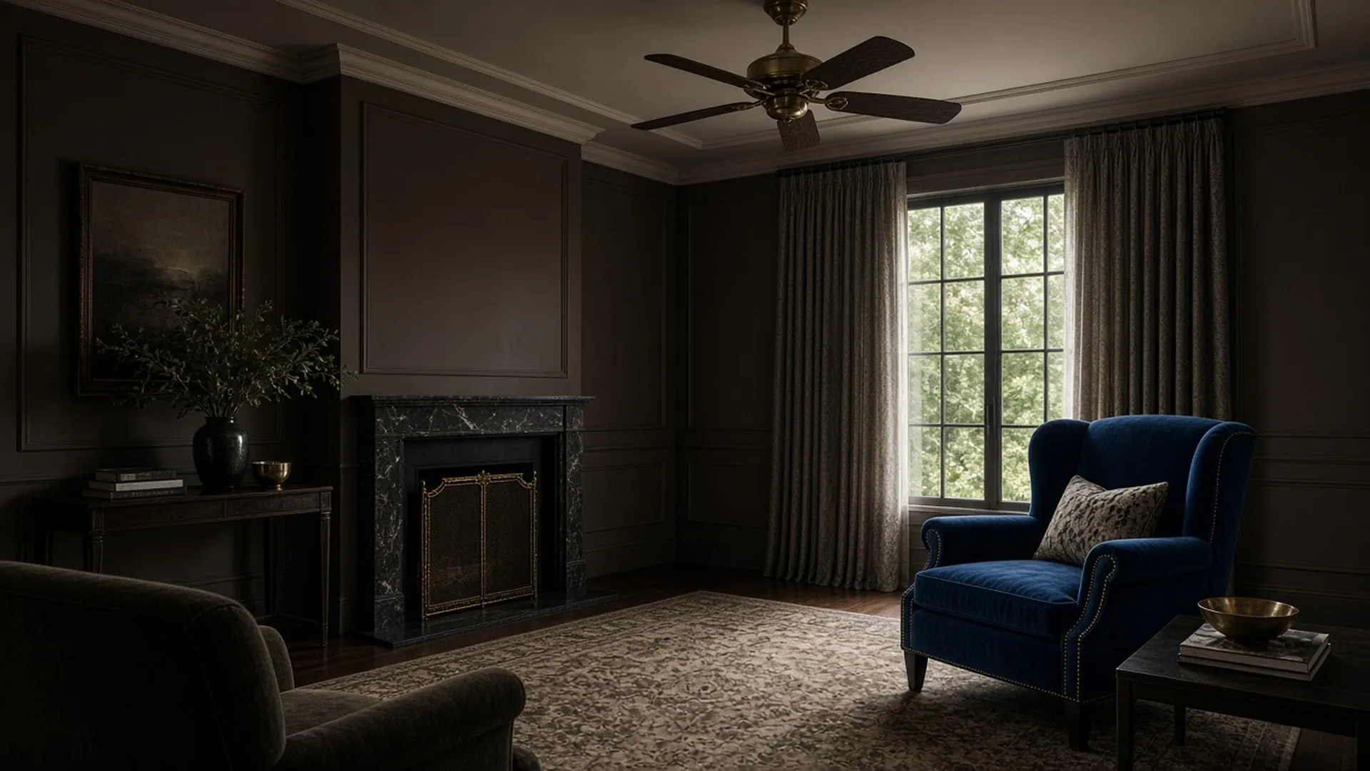 A serene sitting room with a ceiling fan and a single armchair in a pool of warm light