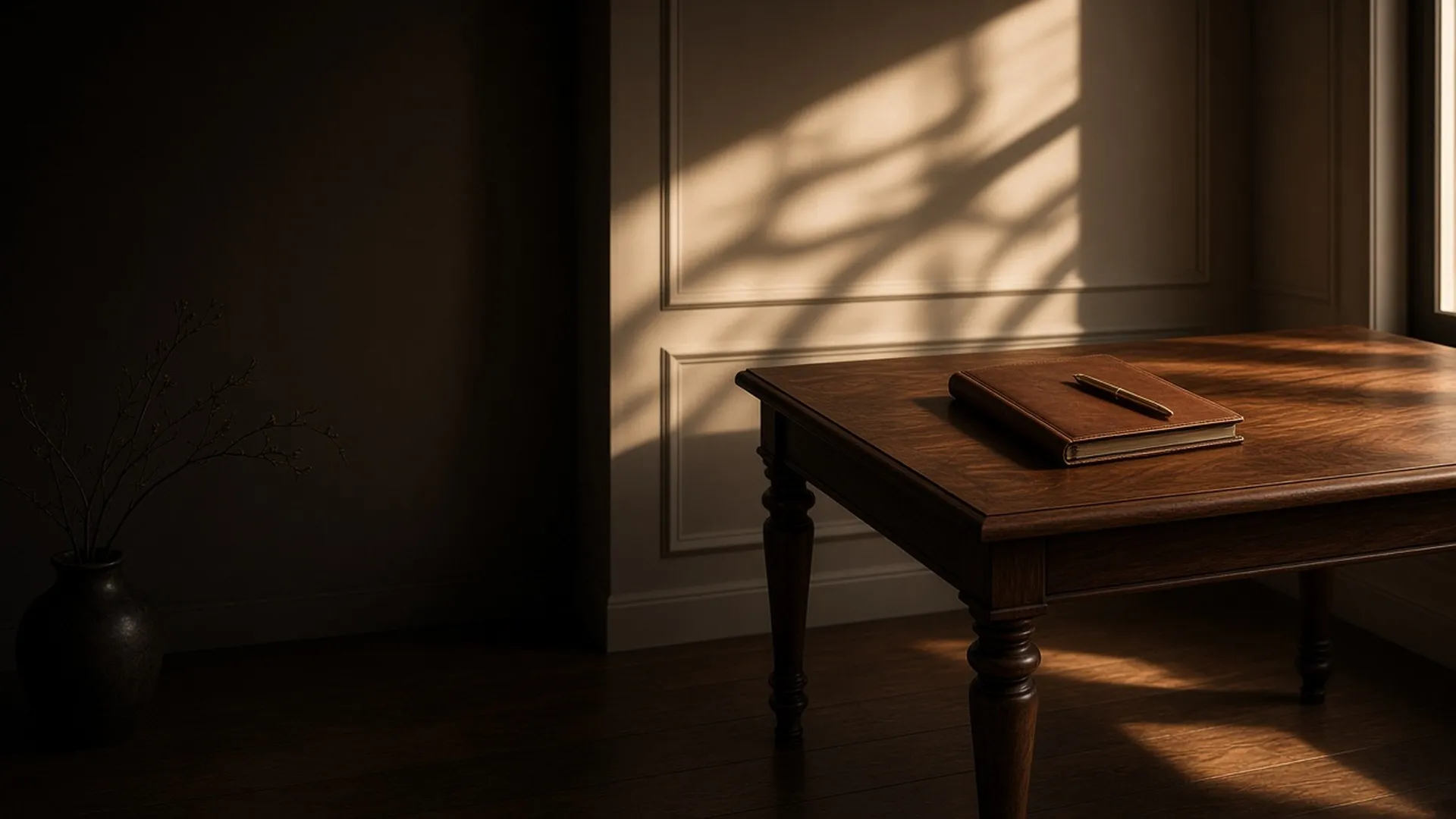 A writing desk under a ceiling fan in a light-filled studio