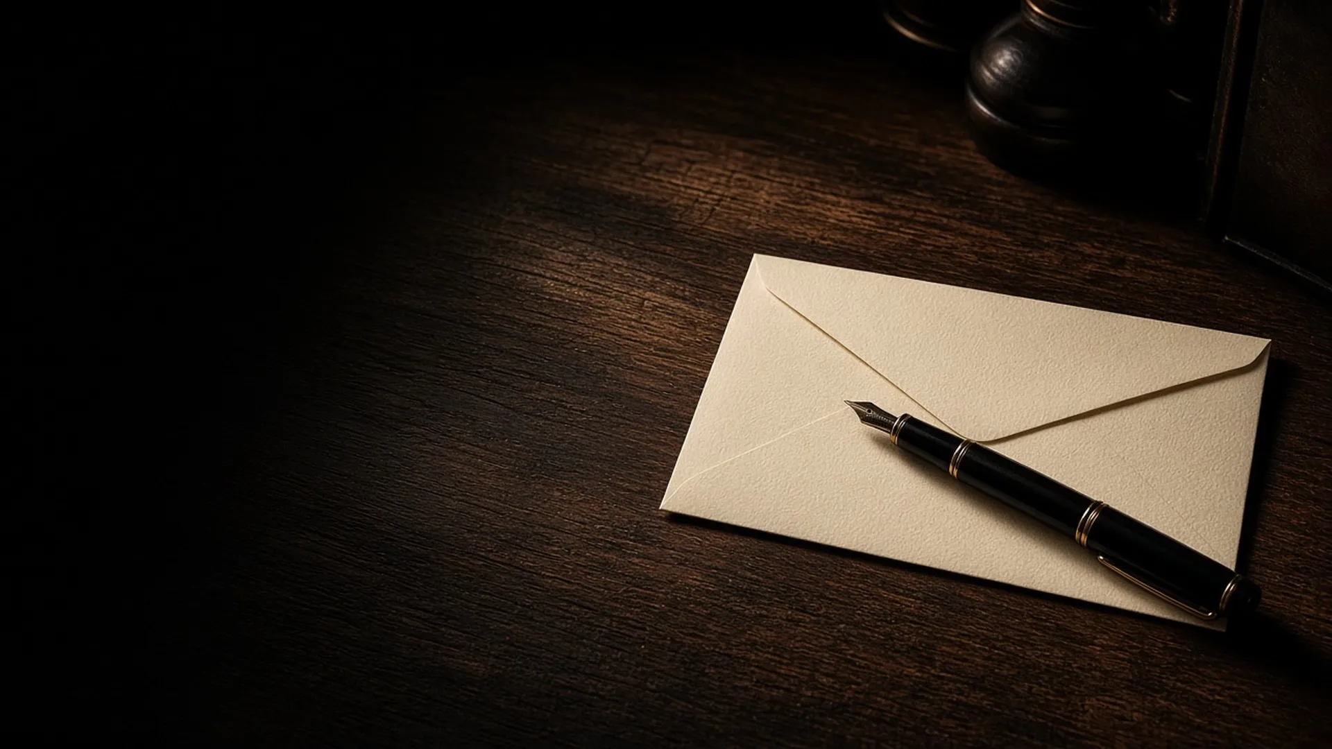 A writing desk with an envelope and fountain pen beneath a softly lit ceiling fan