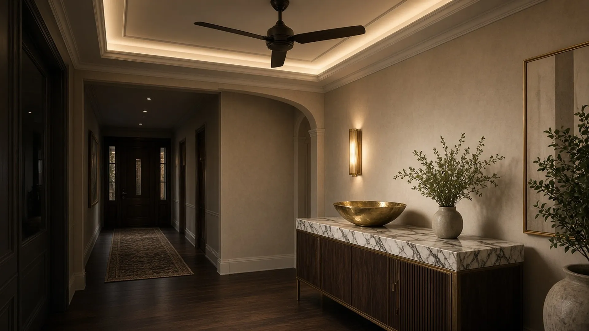 A ceiling fan above a neatly styled entry console with a brass bowl and a closed book