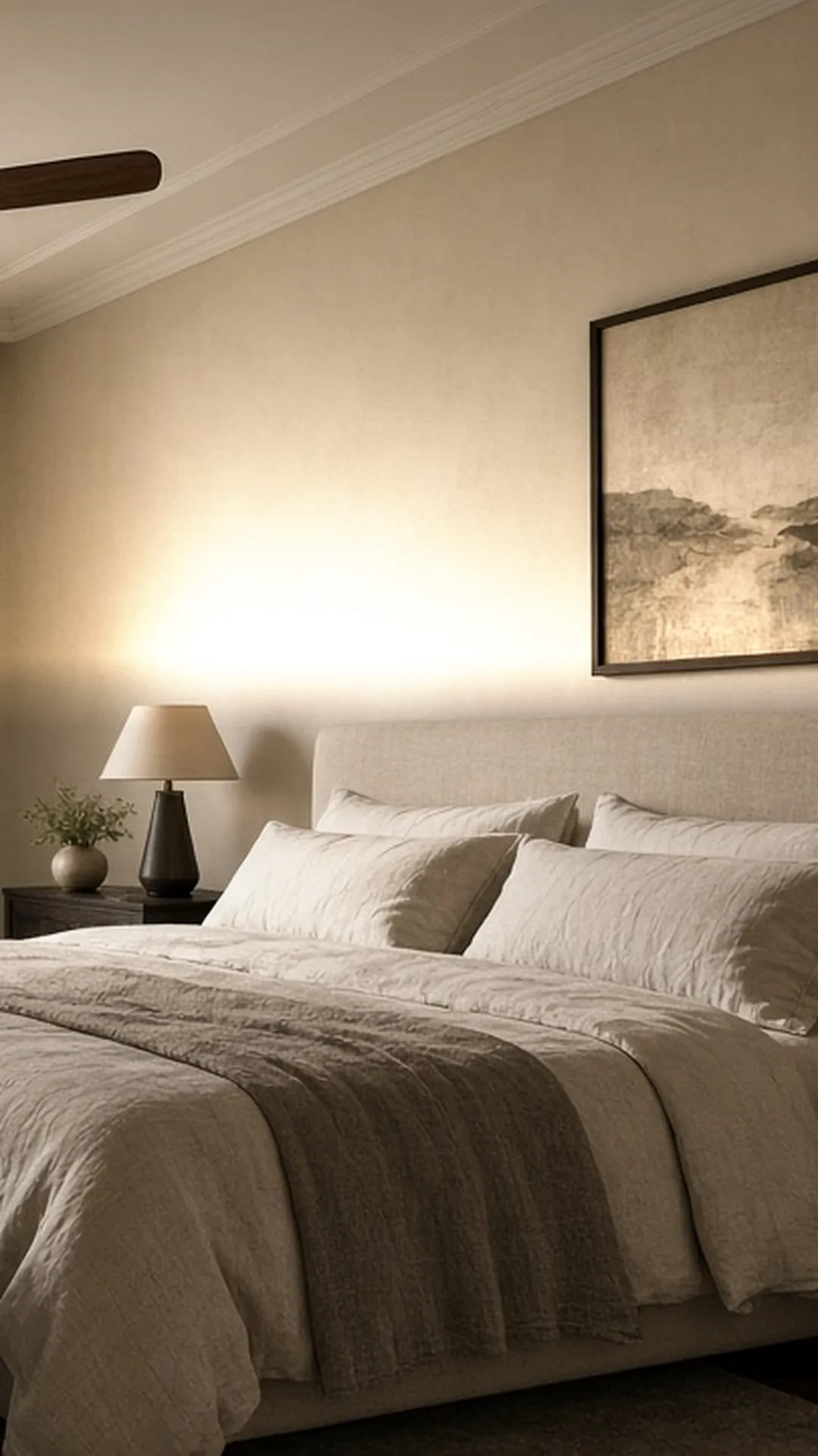 A medium bedroom with a well-proportioned ceiling fan centered above a linen-dressed bed