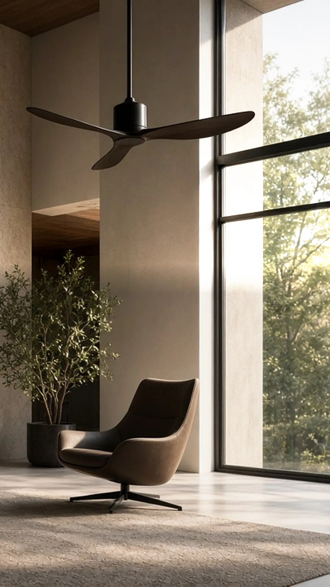 A double-height living room with a ceiling fan hanging on a long slender downrod
