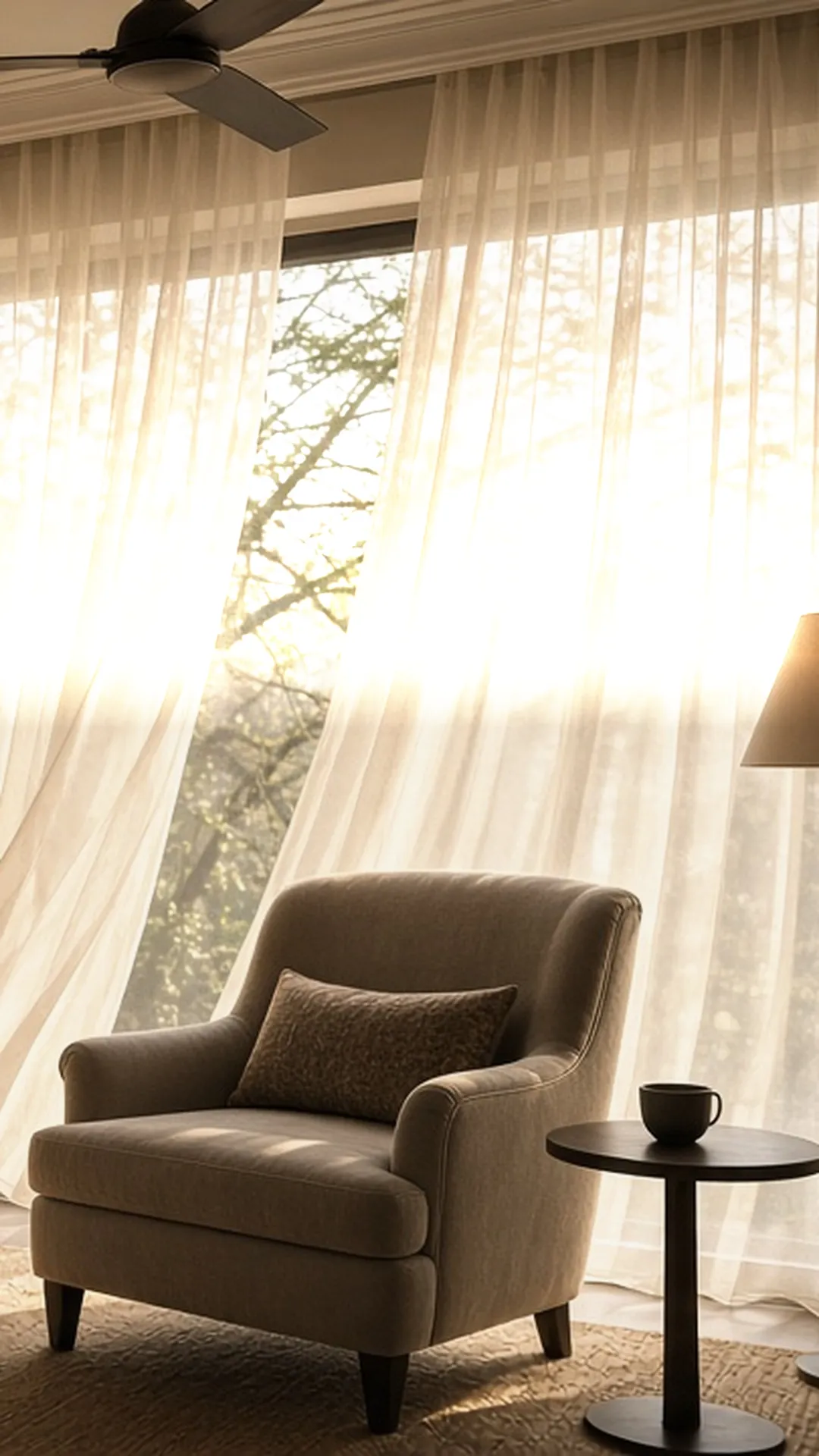 A sunlit reading nook with a ceiling fan above