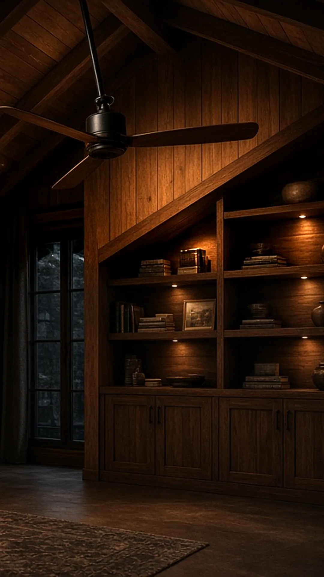 Split interest: a slim flush hugger fan in a low-ceilinged cozy den and an angled-mount fan under a vaulted timber ceiling