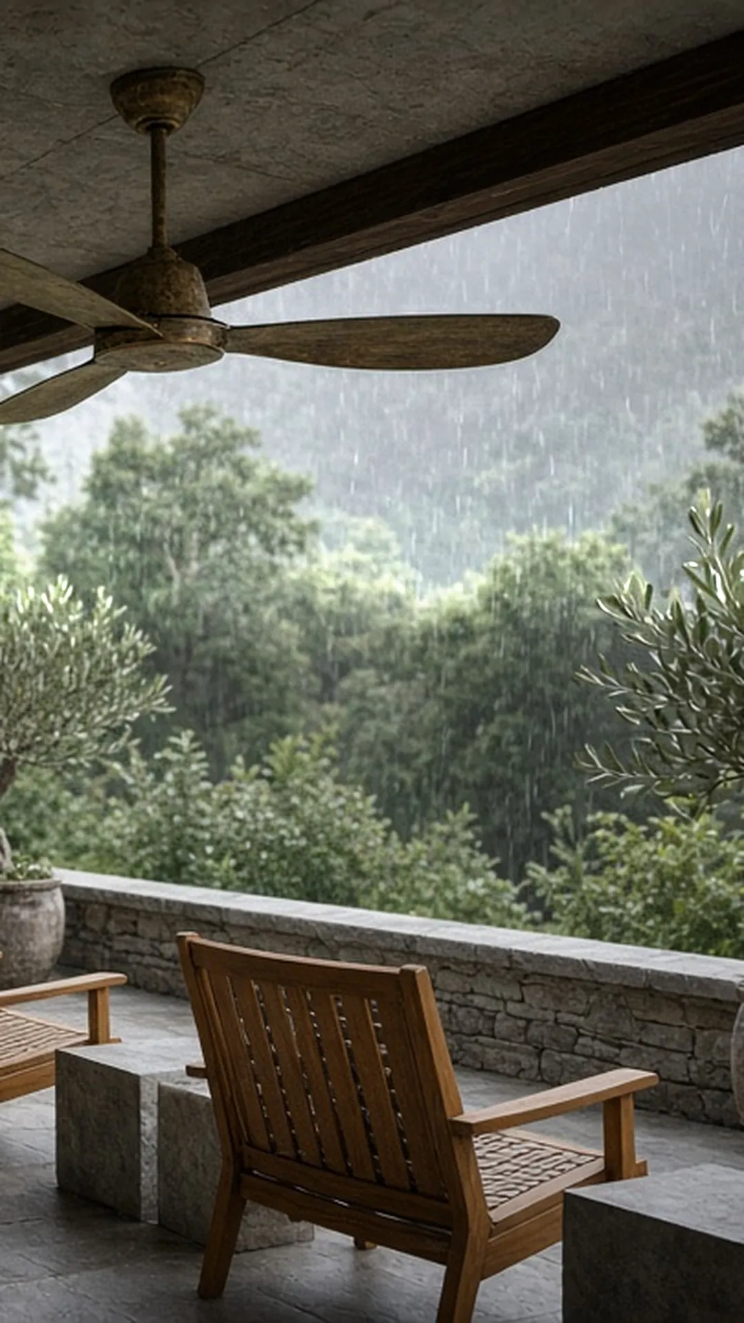 A covered stone porch with a weathered-bronze ceiling fan above teak lounge chairs