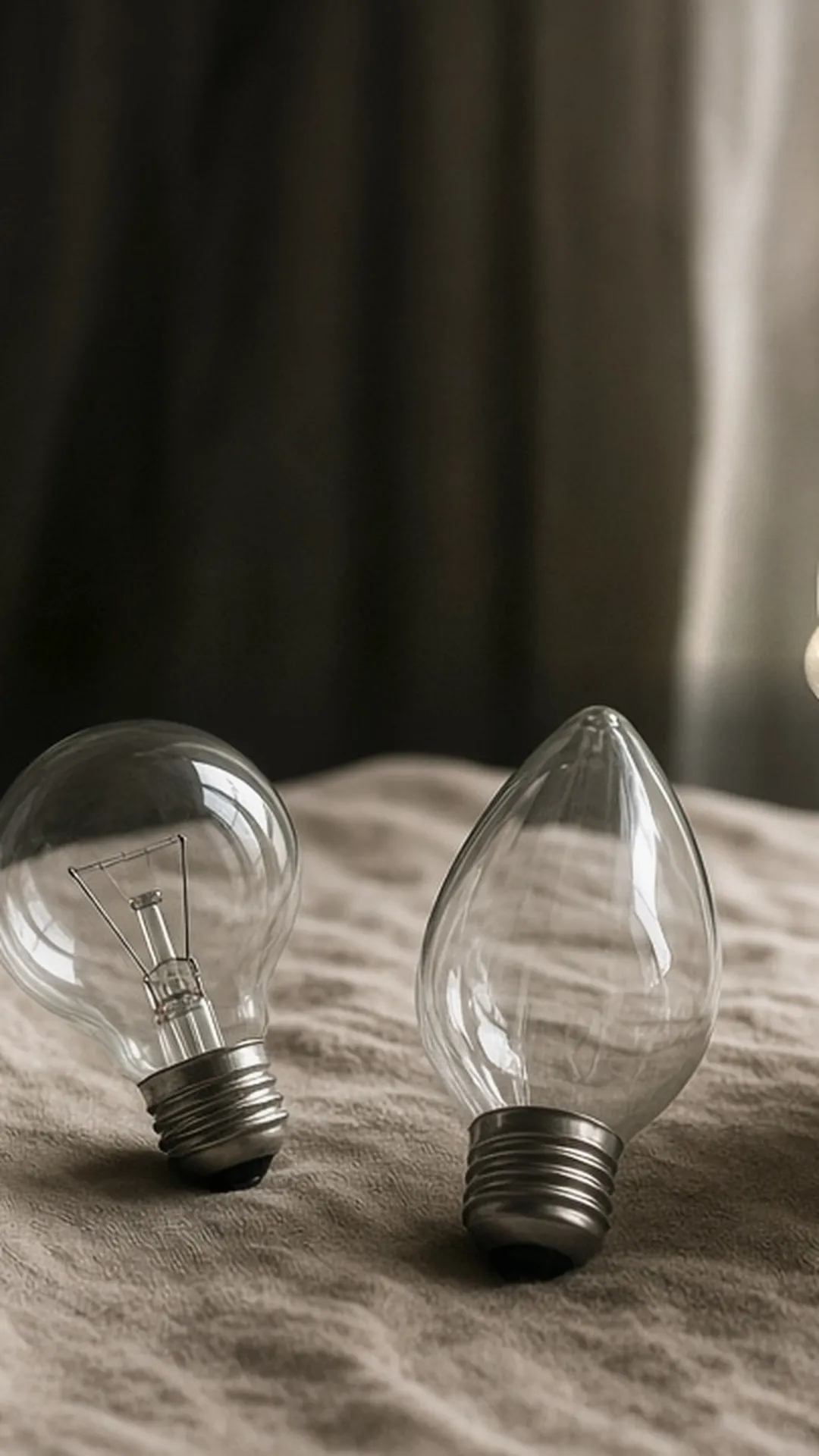 Three unlabeled clear glass bulbs of different shapes resting on a linen cloth beside an opal glass fan shade