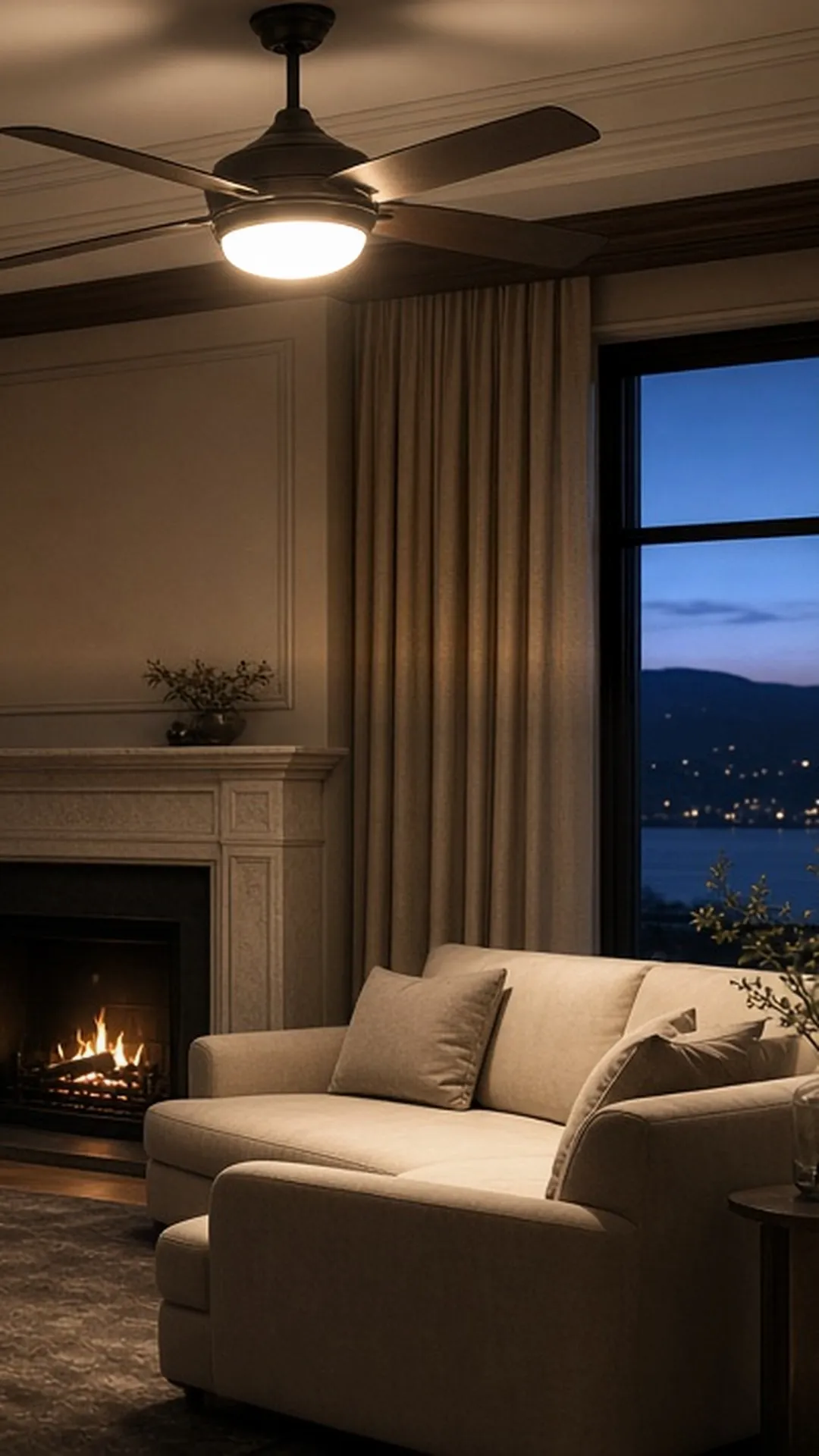 A dim room on the left half and the same room brightly lit on the right