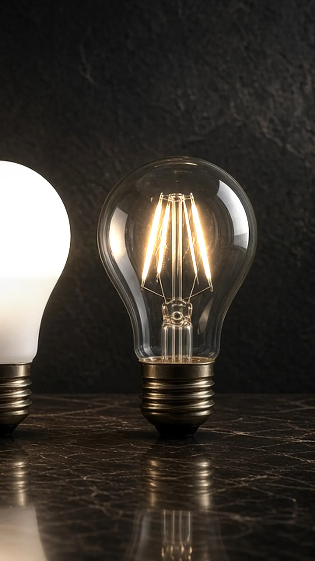 An unbranded LED bulb and an unbranded incandescent bulb side by side on a polished stone surface