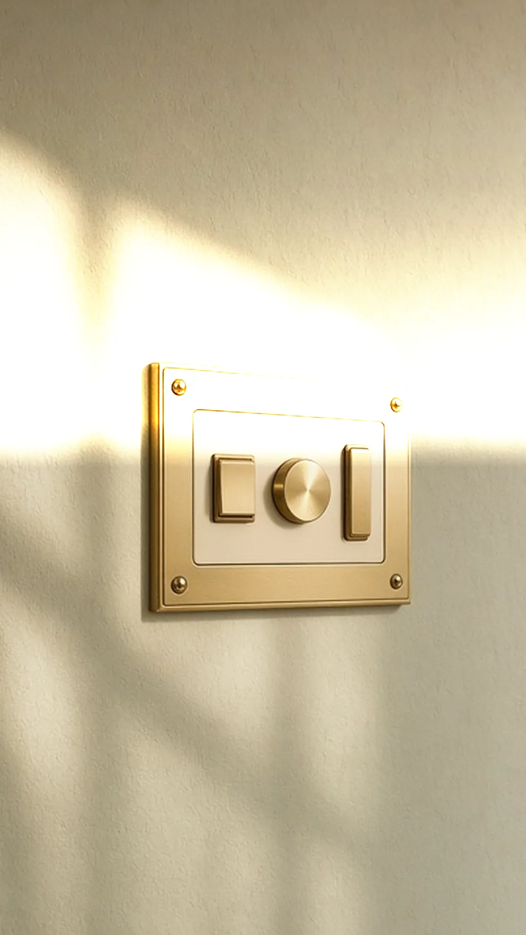 A brass-and-ivory wall control plate on a limewashed wall beside a doorway