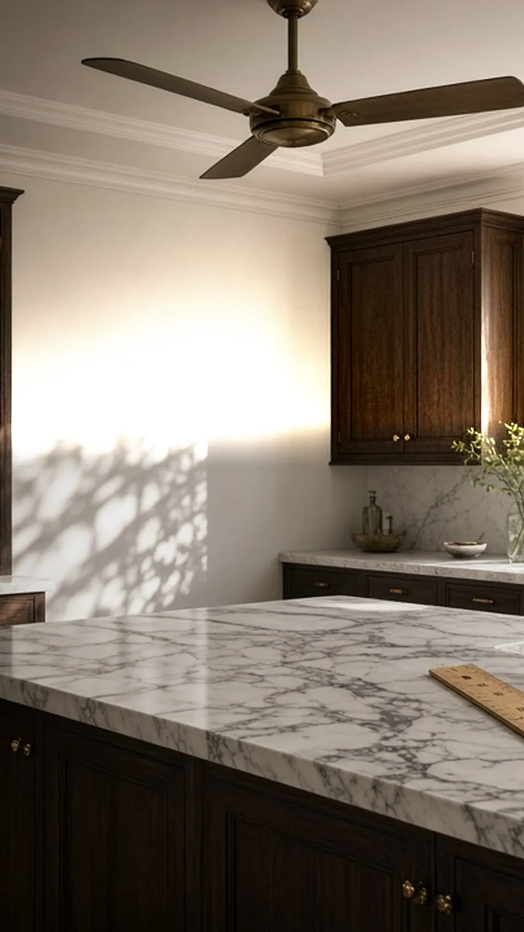 A ceiling fan at rest above a sunlit kitchen island