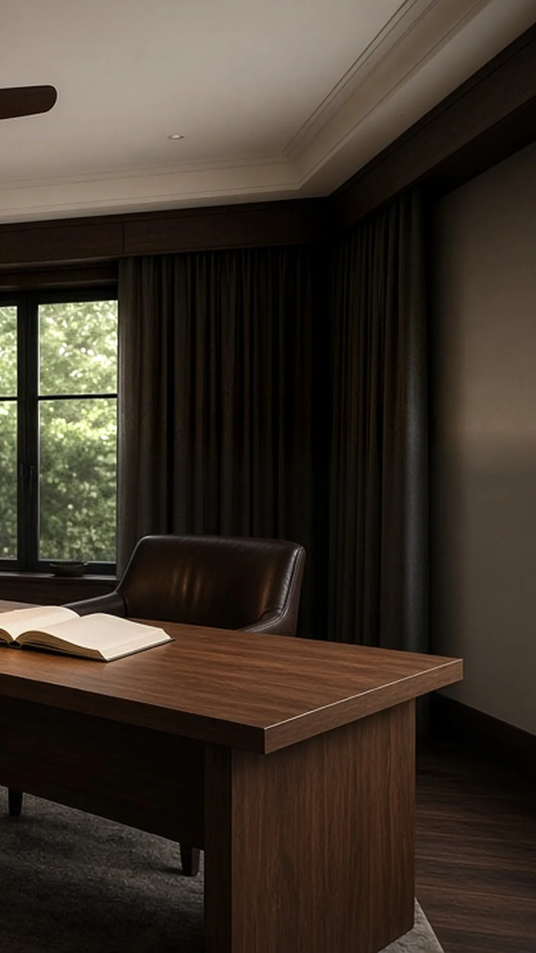 A ceiling fan at rest in a quiet study
