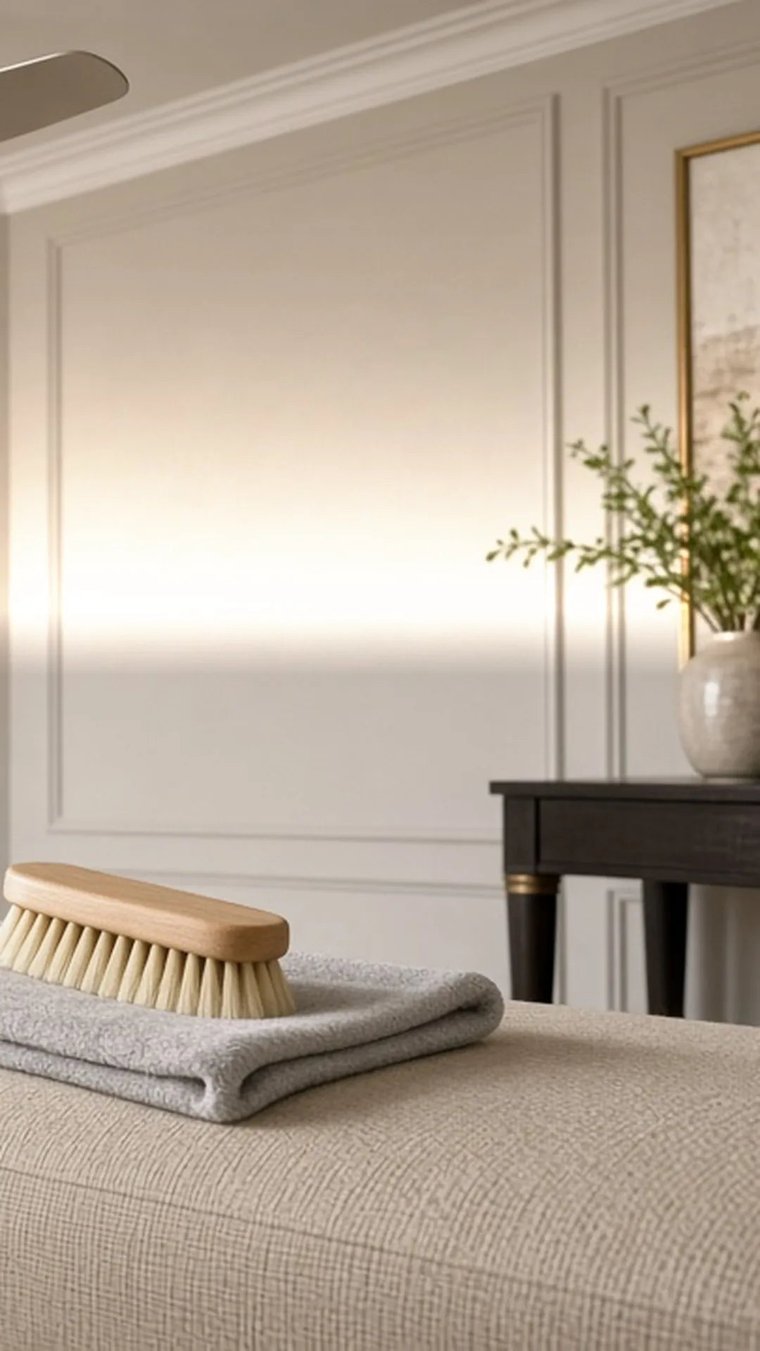 A folded soft microfiber cloth and a soft brush on a linen bench under a gleaming clean ceiling fan