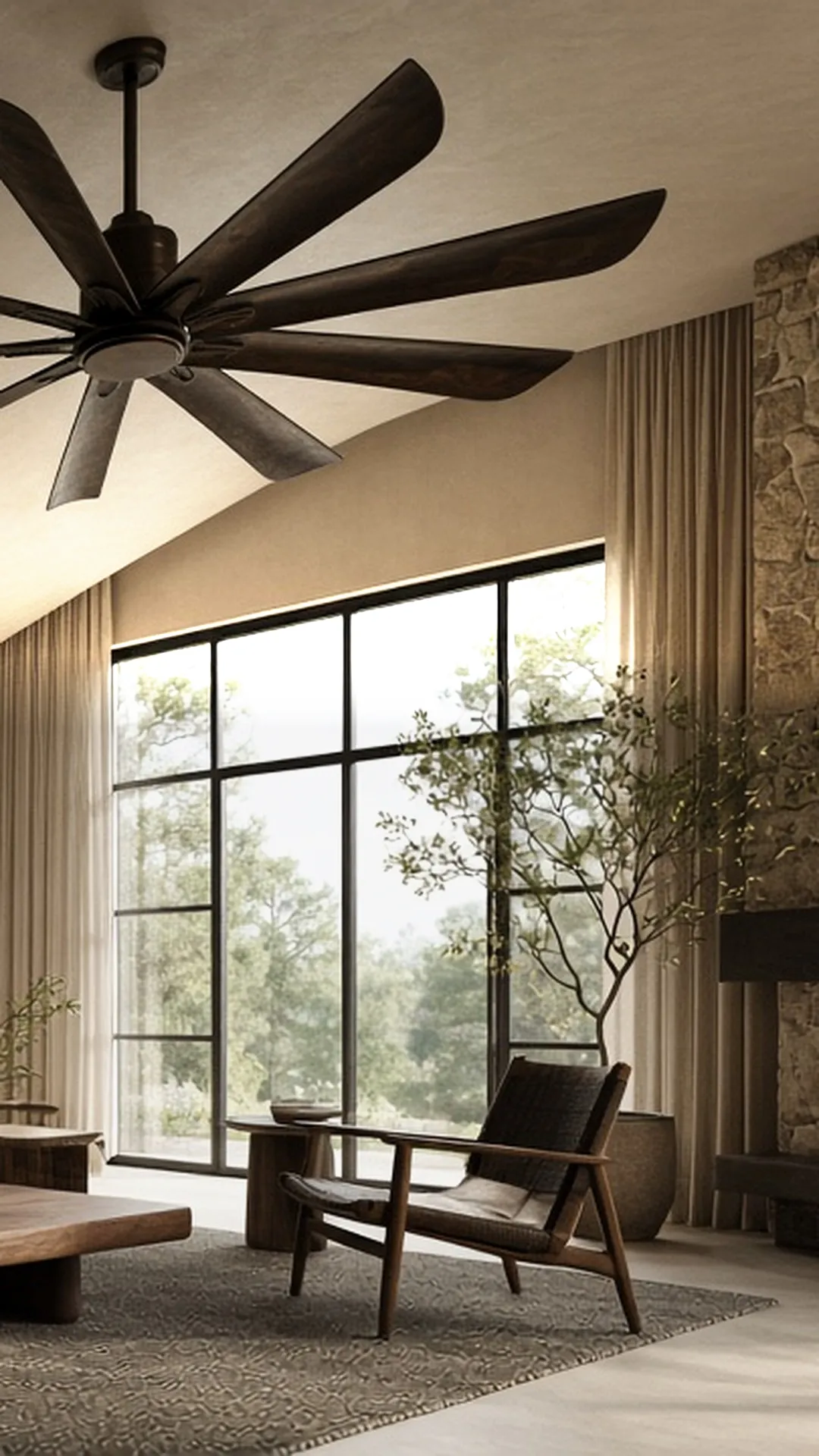 A wide great room with a large dark-bronze ceiling fan centered over a low walnut coffee table