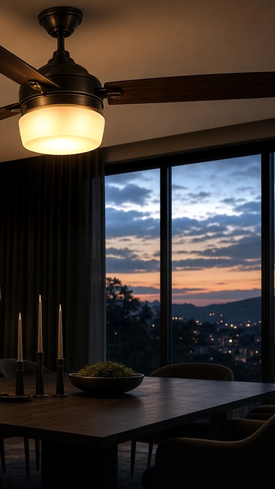 A ceiling fan with a warm glowing opal glass light kit in a dusk-lit dining room