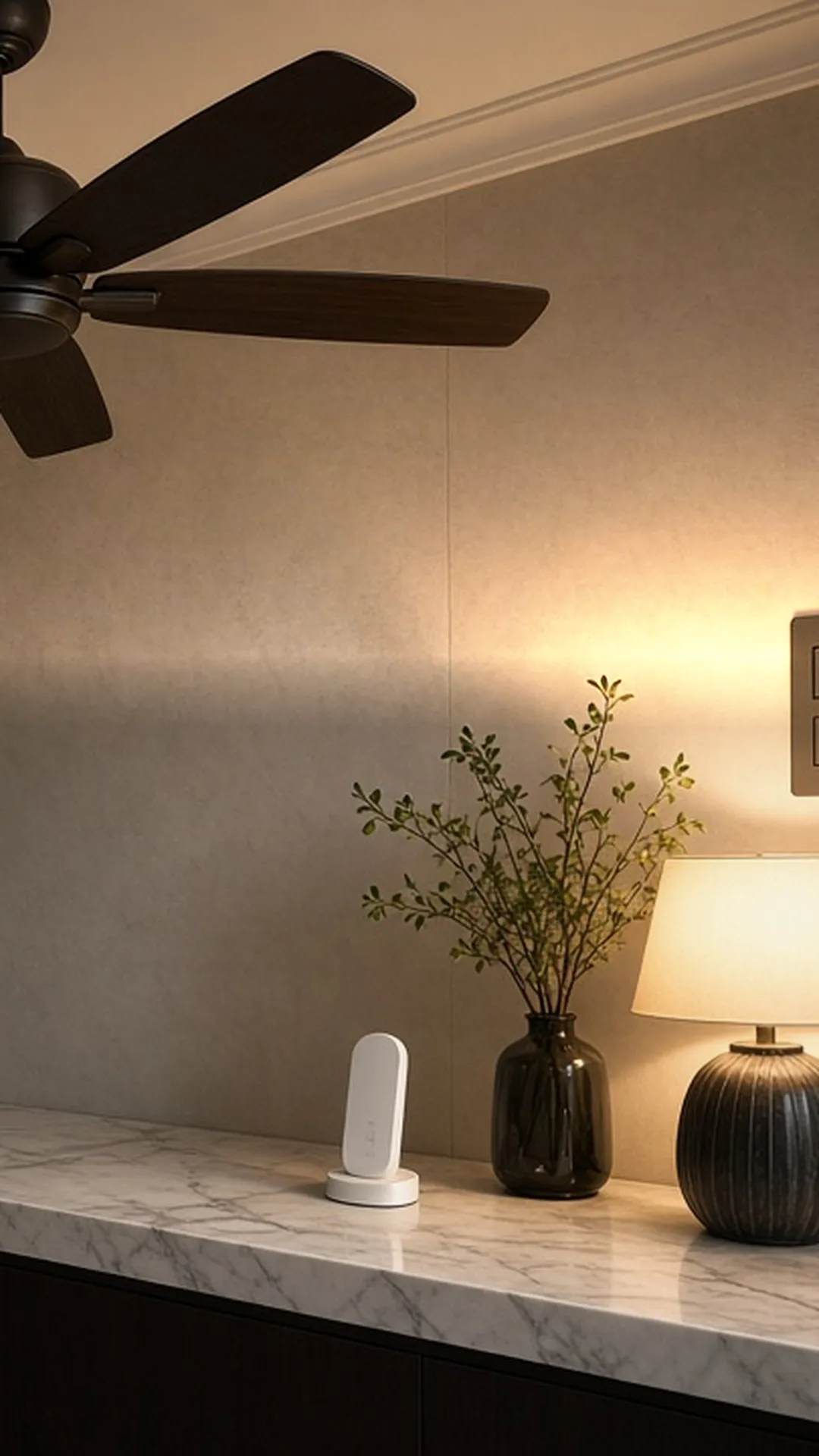 A minimalist wall plate fan control and a small unbranded remote on a marble console beneath a softly turning ceiling fan