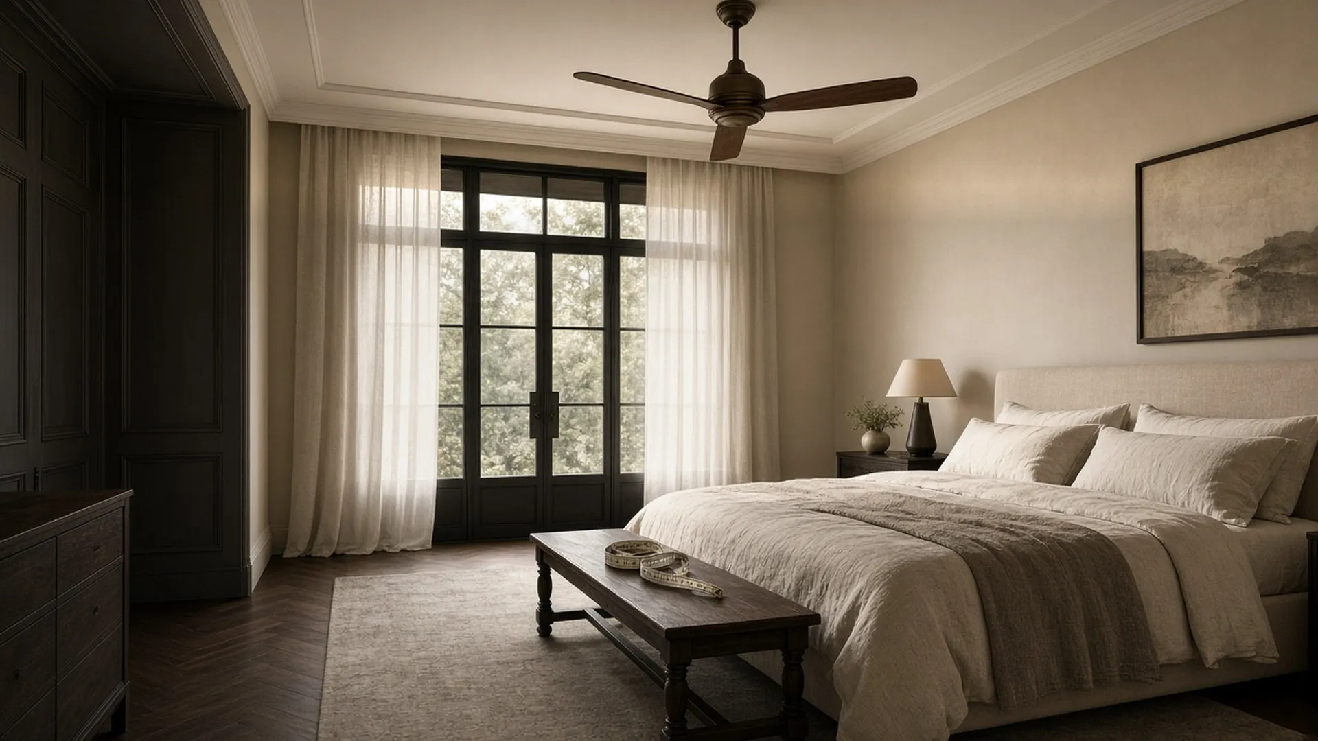 A medium bedroom with a well-proportioned ceiling fan centered above a linen-dressed bed