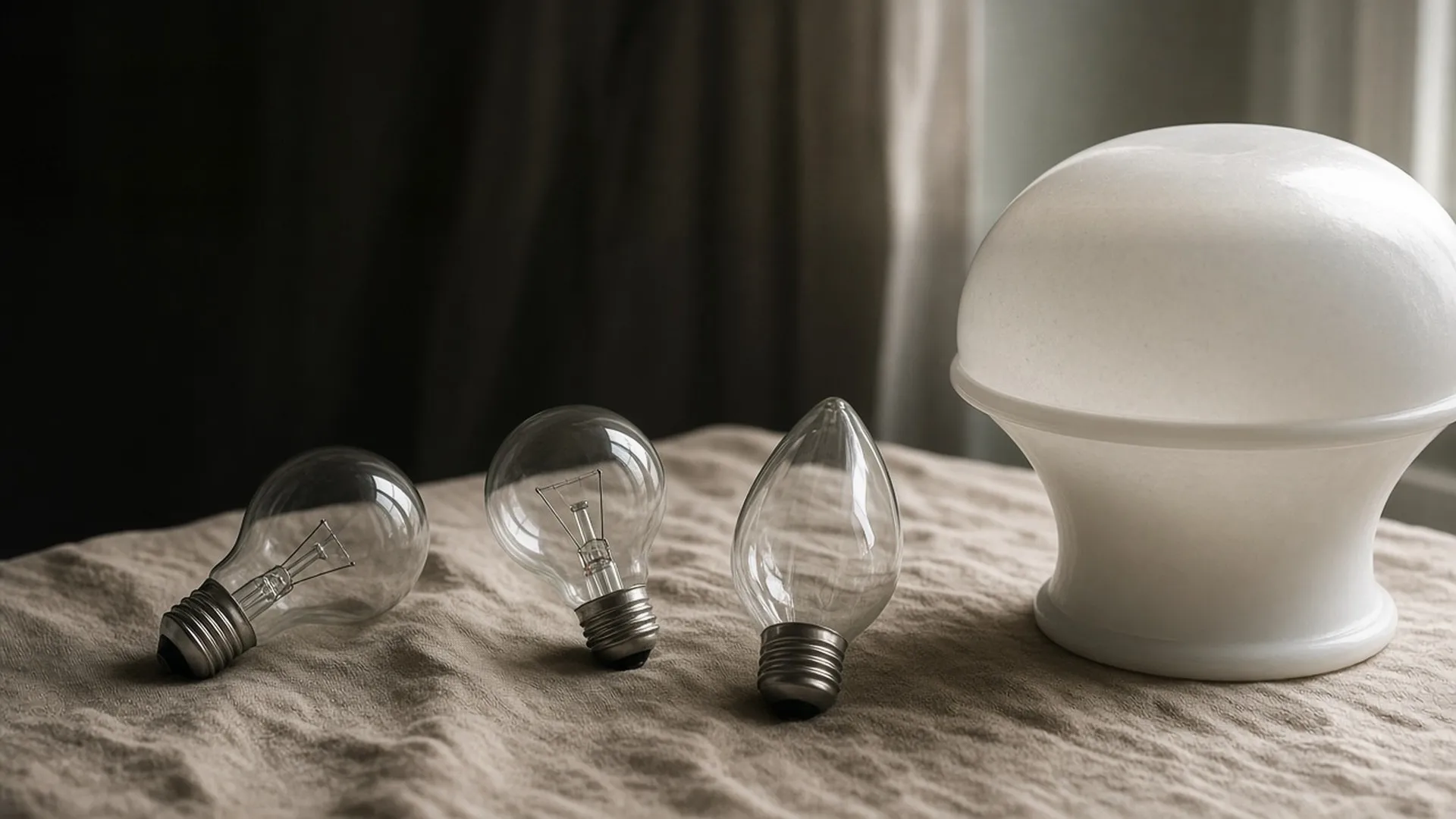 Three unlabeled clear glass bulbs of different shapes resting on a linen cloth beside an opal glass fan shade