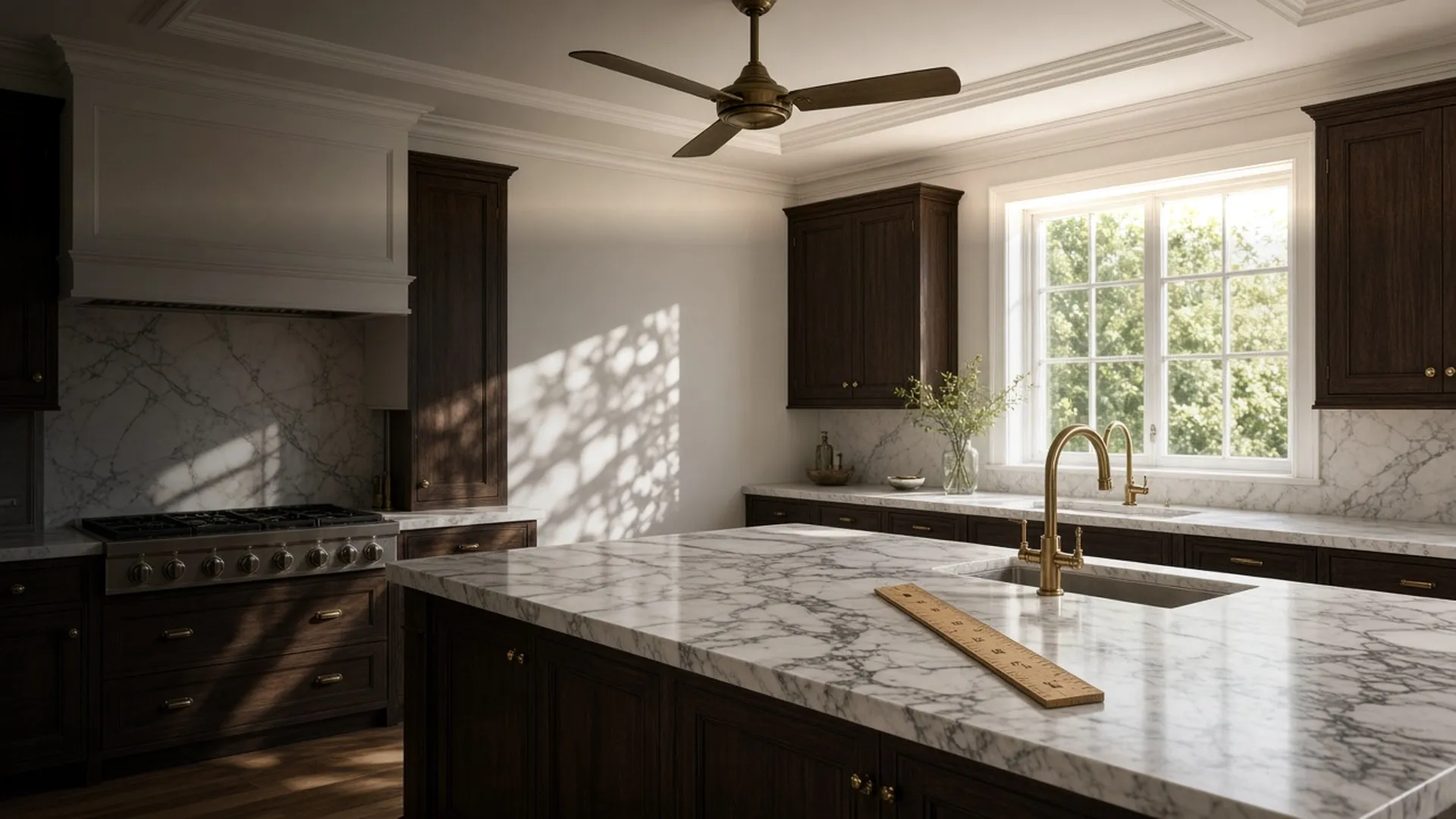 A ceiling fan at rest above a sunlit kitchen island